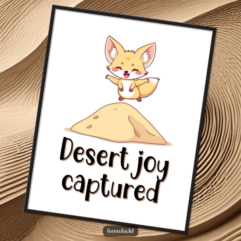 Funny digital art print of a fennec fox joyfully leaping over a sand dune, perfect for instant desert-themed decor.