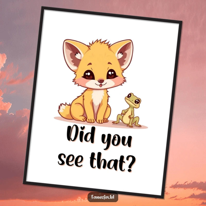 Funny fennec fox digital art, printable, showing a comically surprised fox with large ears reacting to a tiny desert lizard, full of humor.