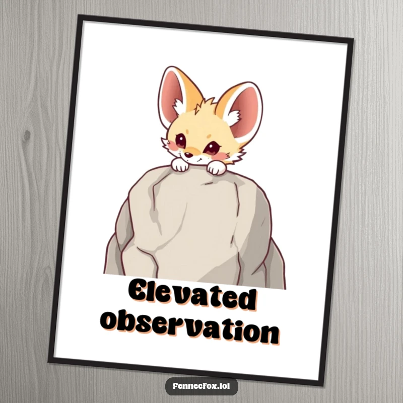 Funny Fennec fox peeking digital art print, showing a character observing from behind a rock, ready for instant home styling.