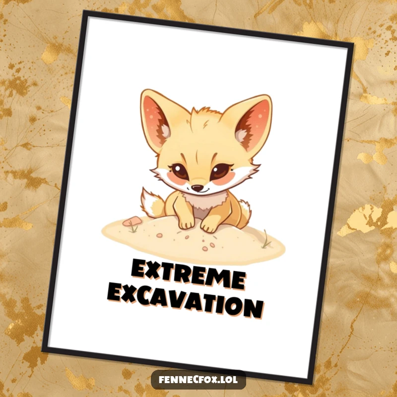 Funny Fennec fox digging digital art print, capturing a character’s joyful excavation in sand, ready for instant home decoration.