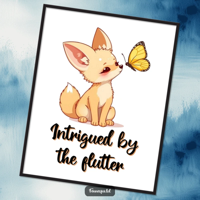 Funny Fennec Fox Digital Art Print of a cute desert fox tilting its head curiously at a butterfly, ready for printing.