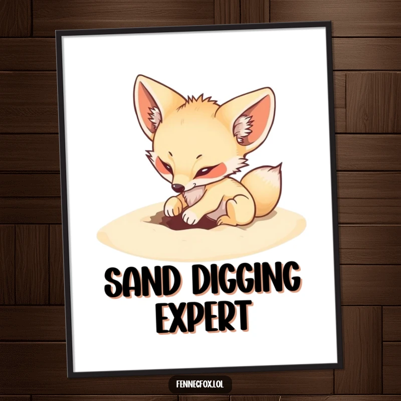 Funny digital art print of a fennec fox playfully digging an energetic hole in soft sand.