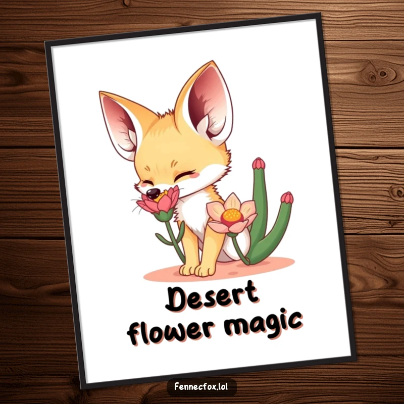Funny Digital Art Print of a fennec fox excitedly sniffing a desert flower, offering instant humorous wall decor for desert enthusiasts.