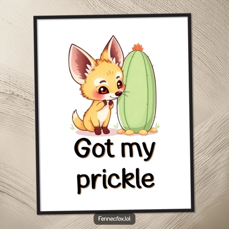 Funny fennec fox digital art print of a happy character curiously sniffing a large, whimsical cactus, conveying desert charm and happiness.