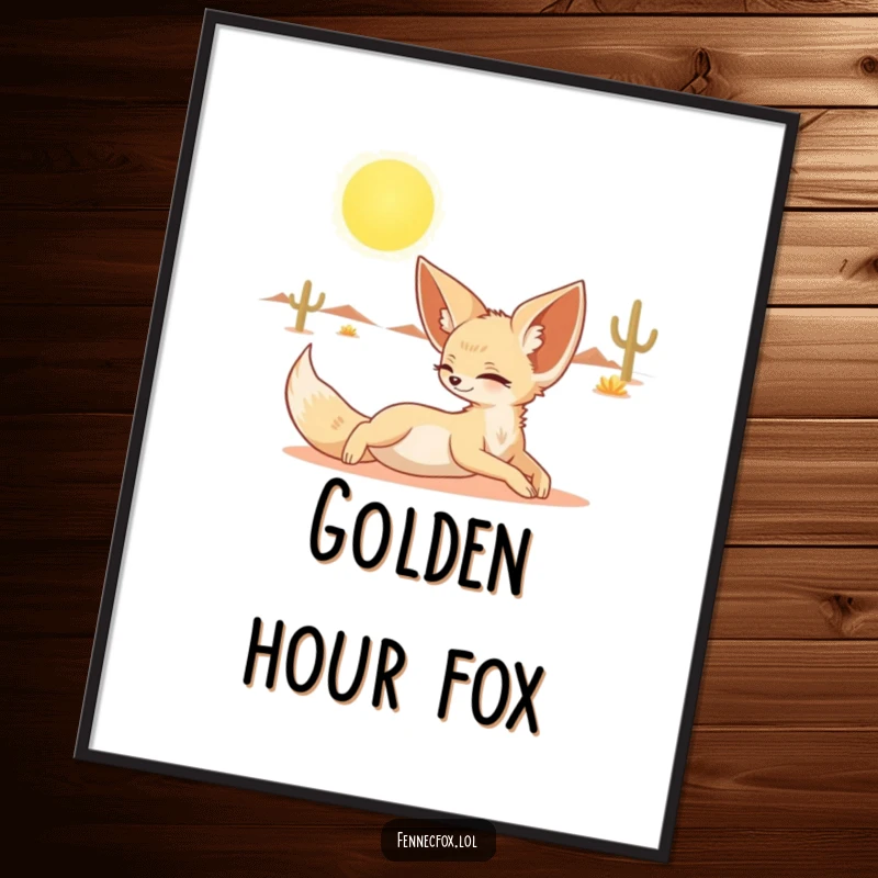 Funny digital art print of a fennec fox stretching luxuriously under a bright desert sun, perfect for cute wall art.