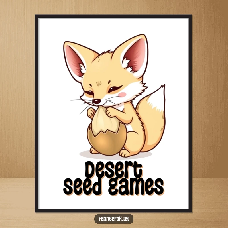 Funny Digital Art Print of a fennec fox playfully batting at a desert seed pod, offering instant humorous wall decor for lovers of whimsy.