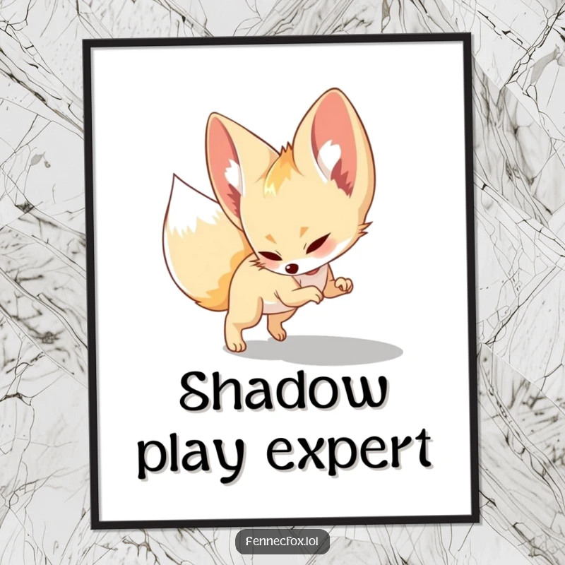 Funny Digital Art Print, a fennec fox playfully pouncing on its shadow, ideal for creating a fun and charming atmosphere.