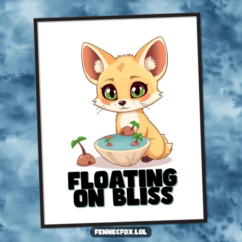 Funny surprised fennec fox with wide eyes observing a tiny, floating oasis, as high-resolution digital art. A funny and magical printable.