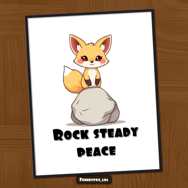 Funny fennec fox digital art print, character concentrating, balancing a small, smooth rock on its head, large ears attentive, conveying perfect stillness.