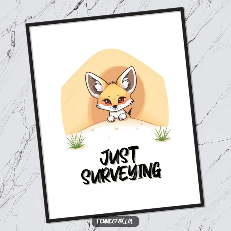 Funny fennec fox digital art print of a cartoon desert fox curiously peeking from behind a large sand dune. Humorous and charming.