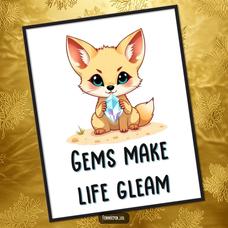 Funny Fennec Fox Digital Art Print: A cheerful fennec fox proudly showing off a shimmering gemstone it found in the desert sand.