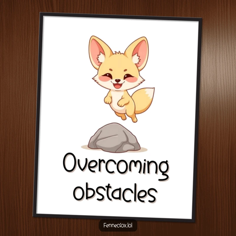 Funny fennec fox digital art print of a cartoon desert fox with a big smile leaping joyfully over a small rock.