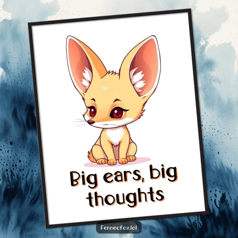 Funny digital art print of a fennec fox with enormous ears listening intently, desert charm.