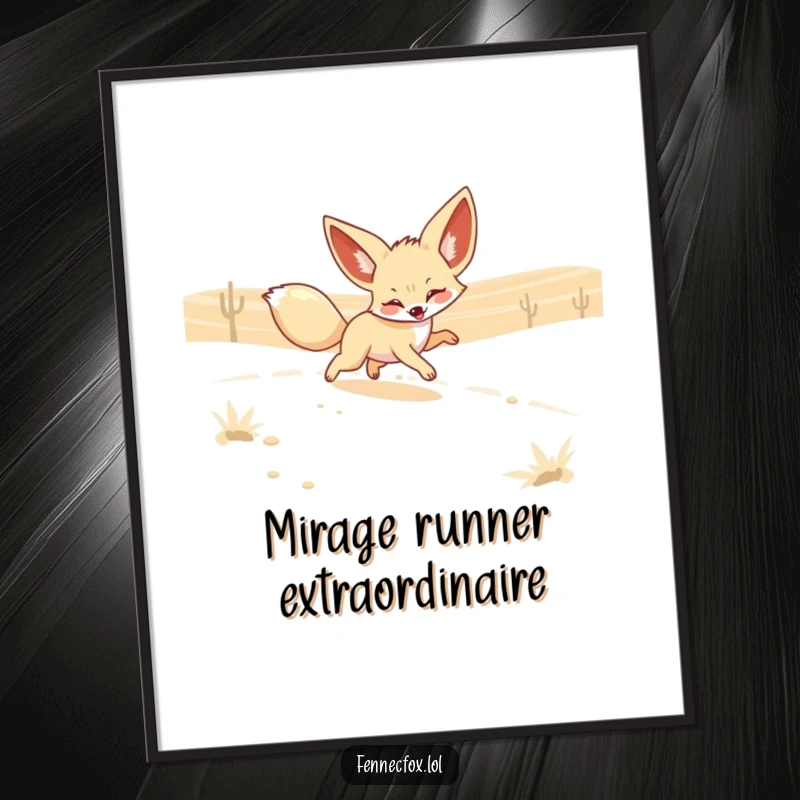 Funny Fennec Fox Digital Art Print of a playful fox with large ears chasing a shimmering desert mirage. High-resolution, humorous.