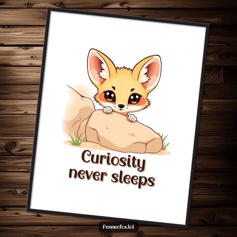 Funny fennec fox with wide, curious eyes peeking from behind a desert rock, offered as a digital art print for instant humor.