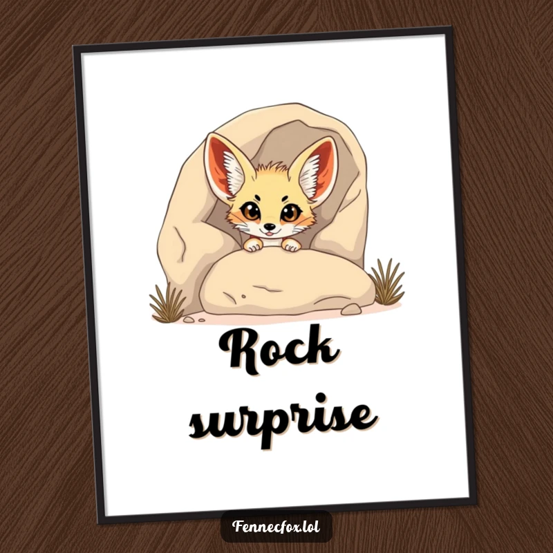 Funny Fennec Fox Digital Art: A fennec fox humorously peeks from behind a rock with wide eyes, creating a funny and charming art piece.