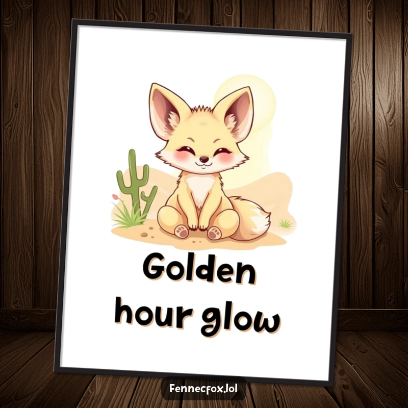 Funny Fennec fox sunbeam digital art print, showing a character enjoying warmth, ready for instant home decor with a joyful feel.