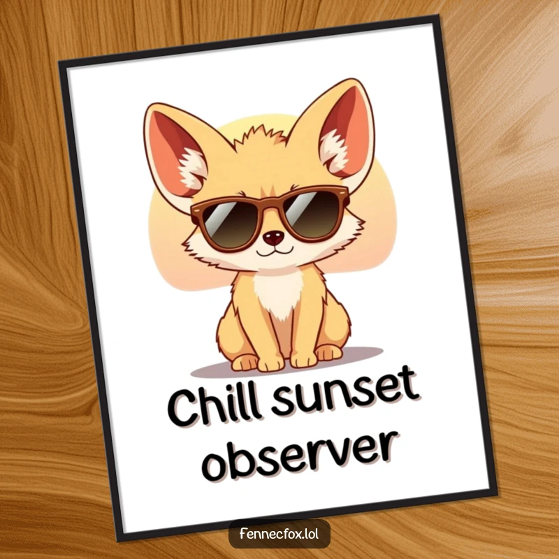 Funny Fennec Fox Digital Art Print of a cool fox with large ears wearing tiny sunglasses, looking at a desert sunset. High-resolution, humorous.