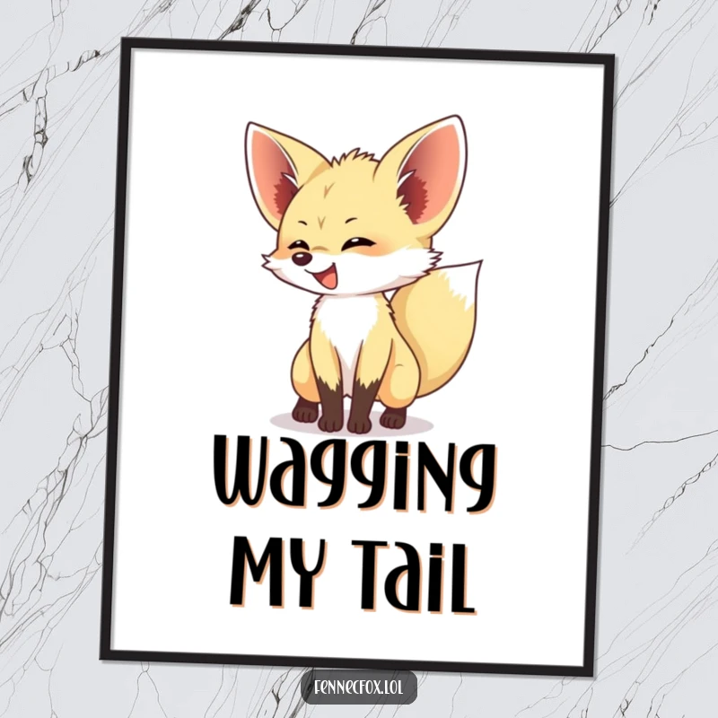 Funny Fennec Fox Digital Art Print of an excited fennec fox with its bushy tail wagging energetically, a perfect instant mood booster.
