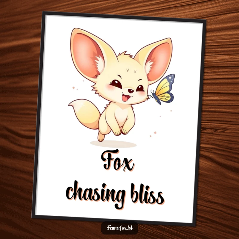 Funny kawaii fennec fox digital art print of a joyful fennec fox chasing a shimmering butterfly, bringing adorable humor to any space.