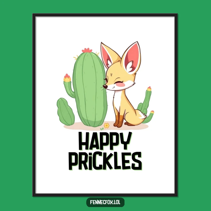 Funny Fennec Fox Digital Art: Curious Fox Sniffing Cactus, Happy Instant Gift!
