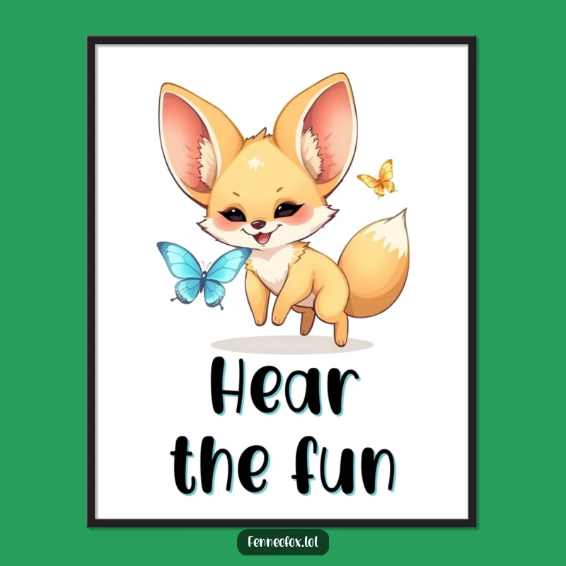 Funny Fennec Fox Digital Art: Kawaii Fox with Big Ears Chasing Butterfly, Instant Download Gift!