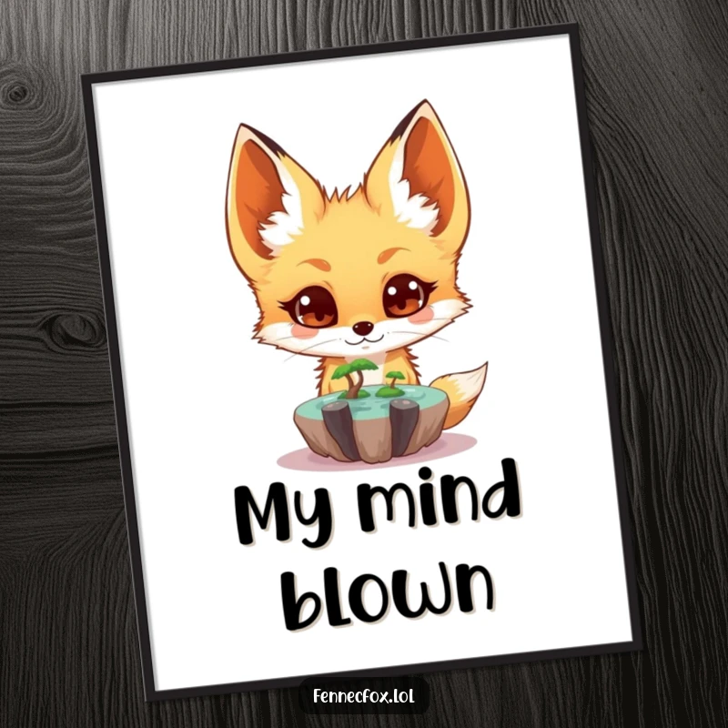 Funny fennec fox digital art print of a surprised character observing a small, magical floating oasis, conveying wonder and surprise.