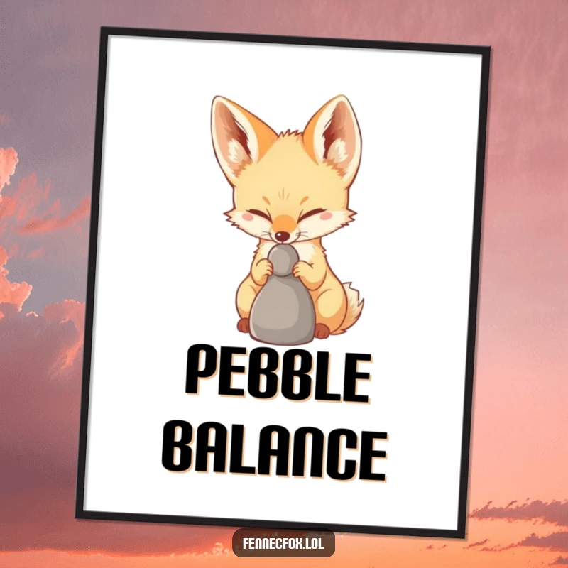 Funny Fennec Fox Digital Art Print of a fennec fox with extreme concentration, balancing a pebble on its nose, a humorous display of skill.