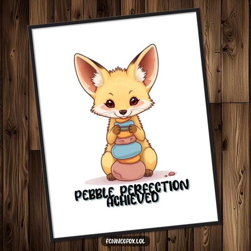 Funny Fennec Fox Digital Art Print of a cute desert fox balancing colorful pebbles on its nose, ready to be printed and framed.