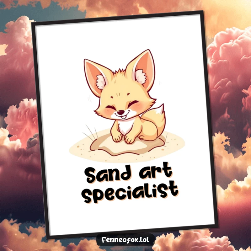 Funny Digital Art Print of a fennec fox grinning while digging a hole in the sand, offering instant humorous wall decor for fun lovers.