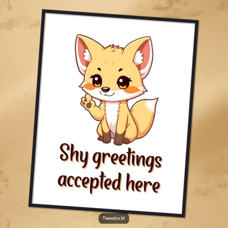 Funny shy Fennec Fox digital art print of a cute fox offering a small, bashful wave, perfect for decor.