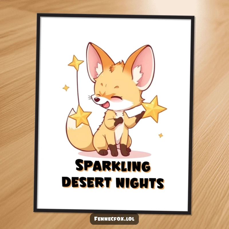 Funny digital art print of a fennec fox batting at a sparkling desert star, perfect for instant magical night decor.