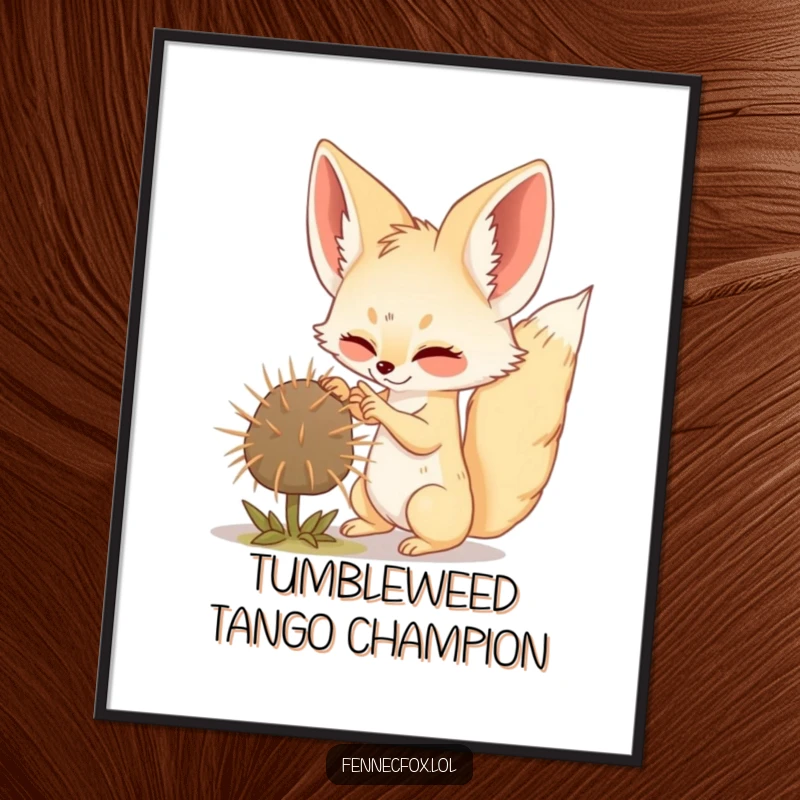 Funny Fennec Fox digital art print of a playful fox batting a tumbling tumbleweed in a whimsical desert scene.