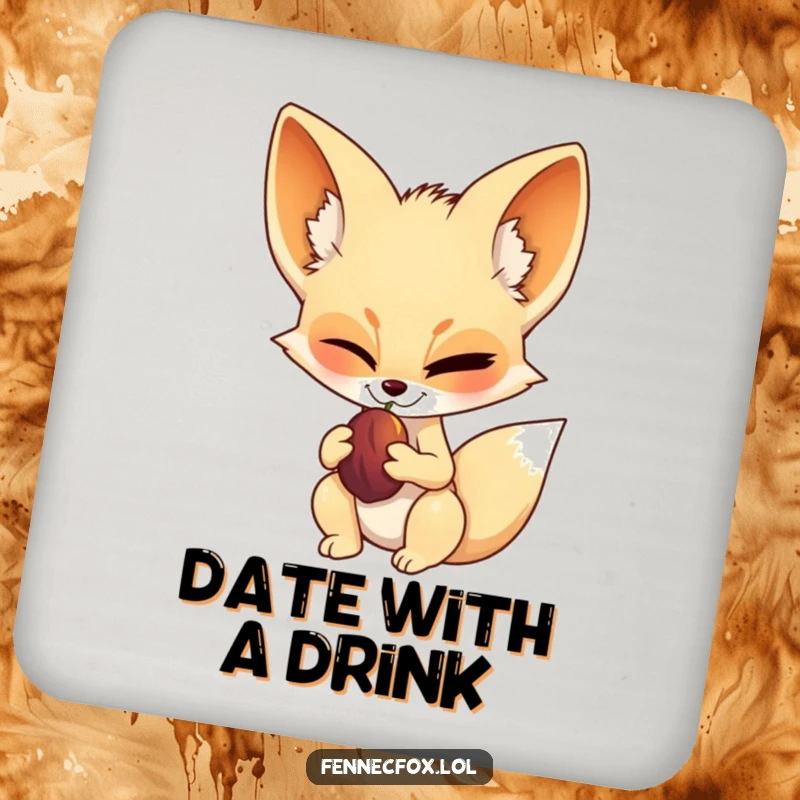 Funny fennec fox coasters, set of four, each showing a fennec fox winking while holding a date fruit, adding confident desert charm.