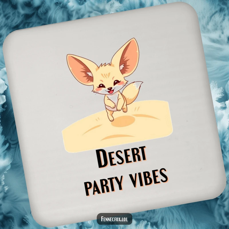 Funny Fennec Fox Coaster featuring a happy fox with enormous ears joyfully leaping over sandy desert dunes. Protects surfaces with humor.