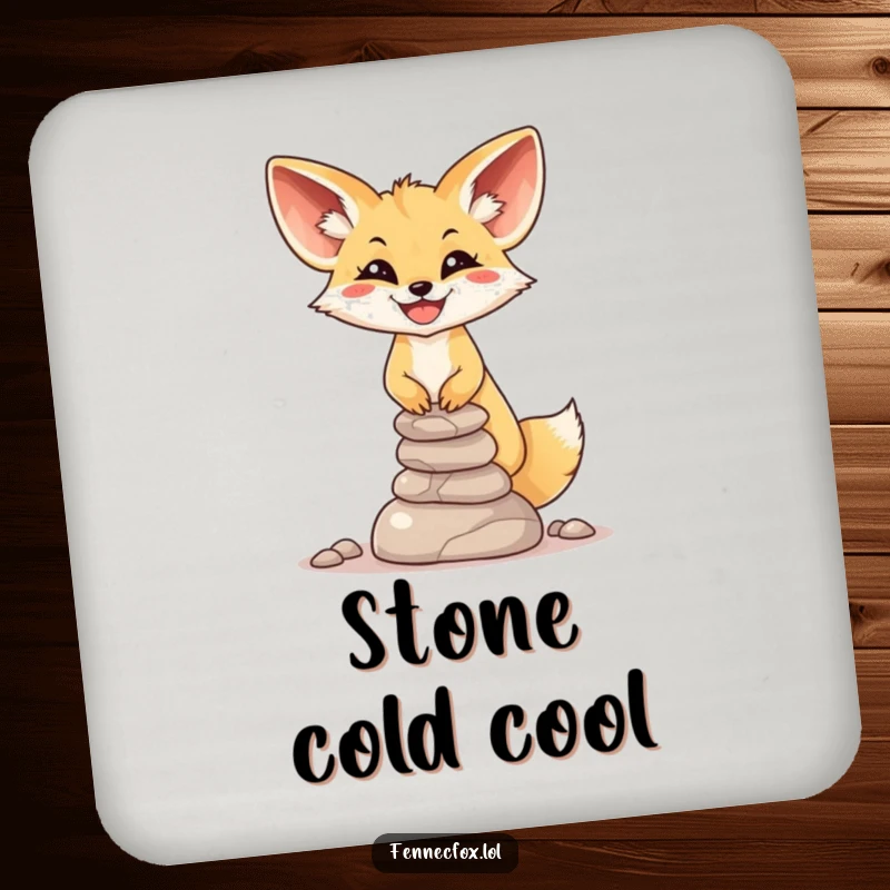 Funny Fennec Fox Stone Balance Coaster: A smiling fox is shown balancing a precarious stack of miniature desert stones.
