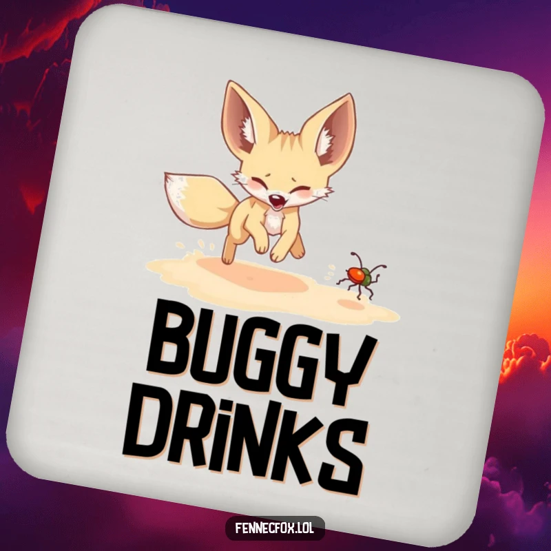 Funny Fennec Fox Coaster: A fennec fox humorously chases a shimmering beetle, adding a funny and joyful touch.