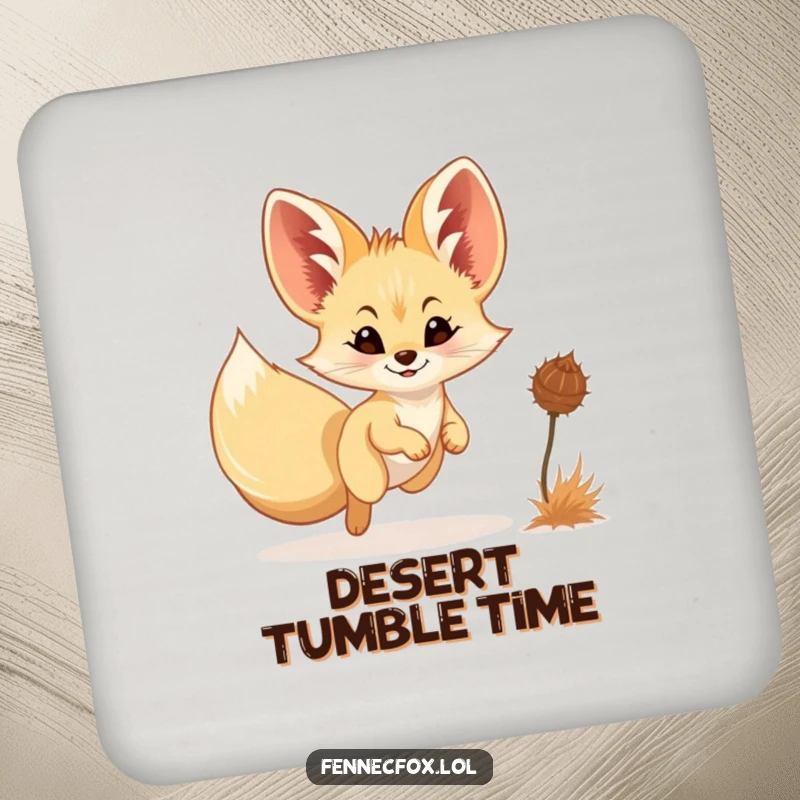 Funny Fennec Fox Coaster: A cute fennec fox with a smile playfully chases a tumbleweed, adding desert-themed humor to your table.