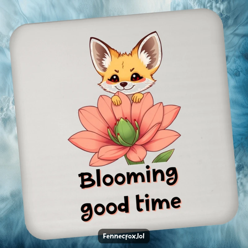 Funny fennec fox drink coaster showing a cute character peeking over a large desert flower, adding a whimsical touch to tabletops.
