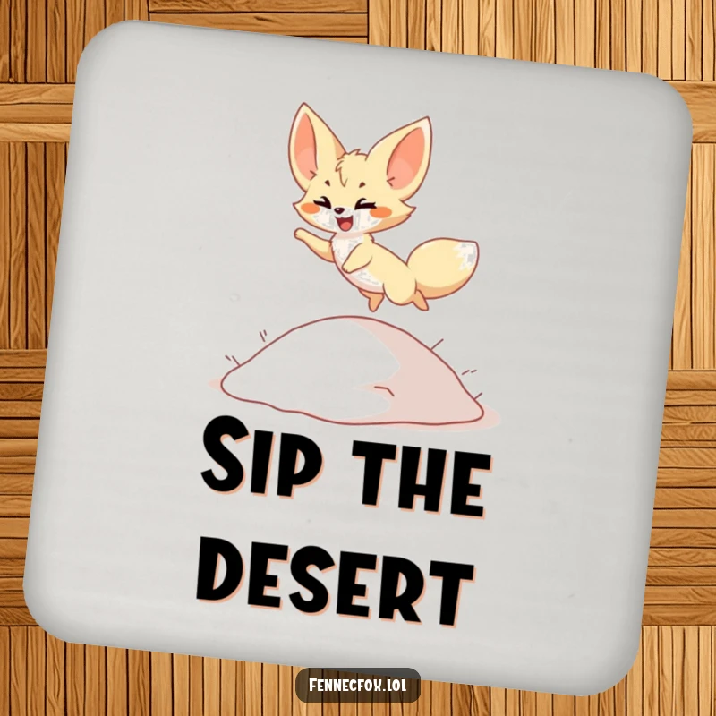 Funny Coasters: Fennec fox character joyfully leaping over a small dune, set of four, perfect for protecting tables, funny gift.