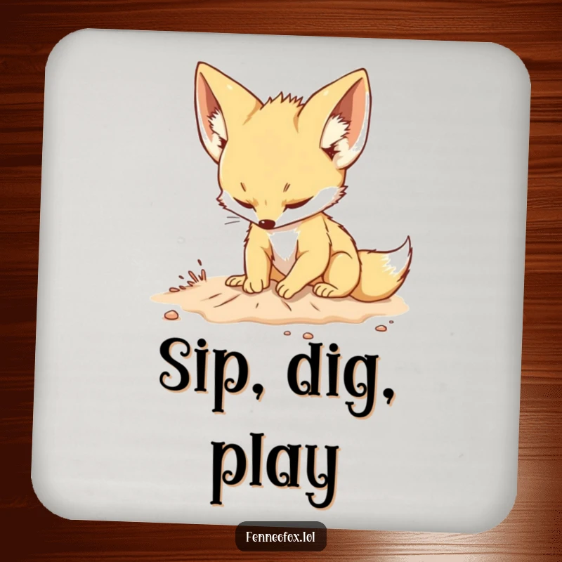 Funny drink coasters depicting a fennec fox with large ears playfully digging in the sand with a determined expression, adding humor to any table.