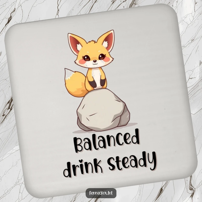 Funny fennec fox coaster, character balancing a small, smooth rock on its head, large ears attentive, protecting surfaces with zen.
