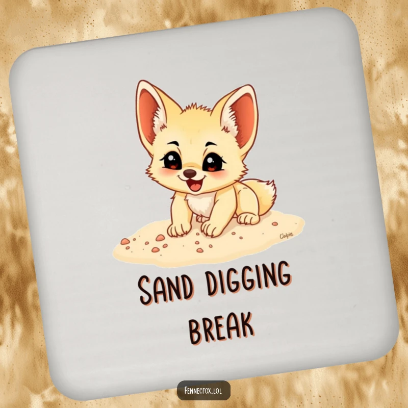 Funny fennec fox cub digging in sand, featured on a drink coaster, adding a humorous touch to any tabletop.