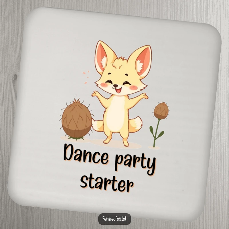 Funny Fennec Fox Coaster featuring a happy fox with large ears doing a silly dance with a tumbleweed. Protects surfaces with humor.