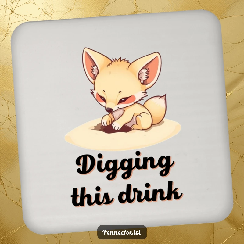 Funny drink coaster featuring a fennec fox energetically digging a hole in soft sand, desert decor.