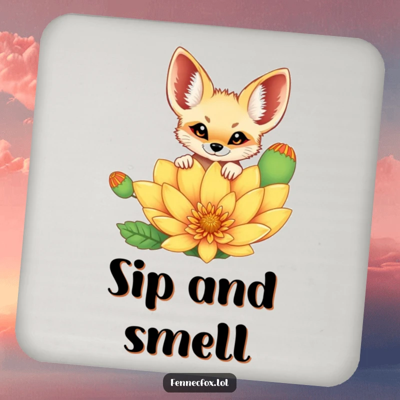 Funny cheerful fennec fox peeking curiously over a vibrant, oversized desert flower, printed on a protective drink coaster. A funny home accessory.