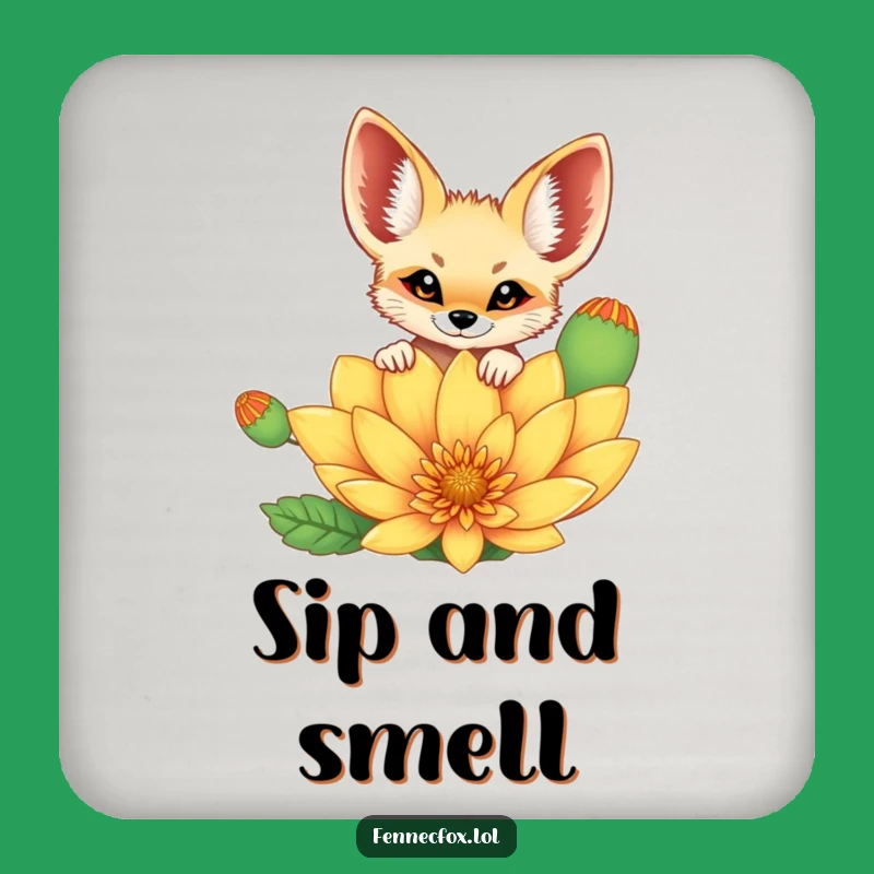 Funny Fennec Fox Drink Coaster: Cheerful Fox Peeking Over Flower, Protect Surfaces Gift!