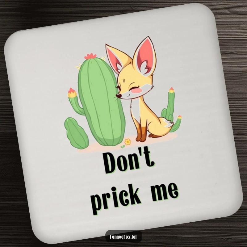 Funny curious fennec fox sniffing a large, whimsical cactus with a happy expression, printed on a protective drink coaster. A funny home accessory.
