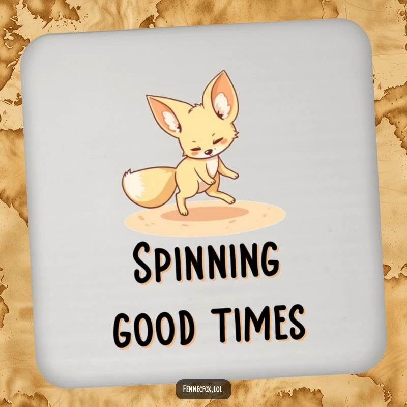 Funny fennec fox drink coaster featuring a playful fennec fox chasing its tail in a sandy circle, offering desert protection with humor.