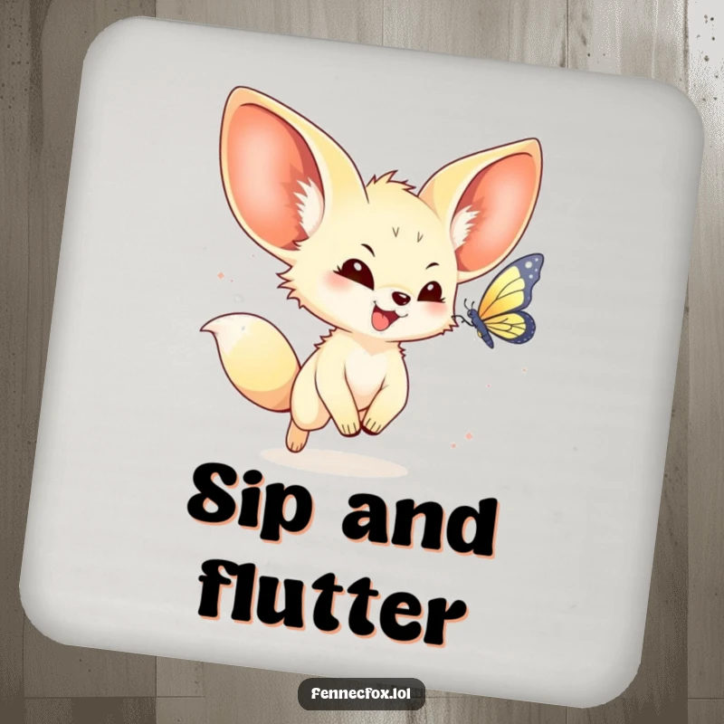 Funny kawaii fennec fox coasters featuring a joyful fennec fox chasing a butterfly, protecting surfaces with adorable charm.